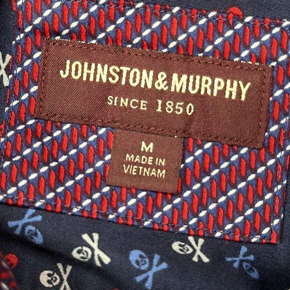 Johnston & Murphy Skull Shirt Mens Medium Blue Crossbones All Over Print AOP - Picture 7 of 9